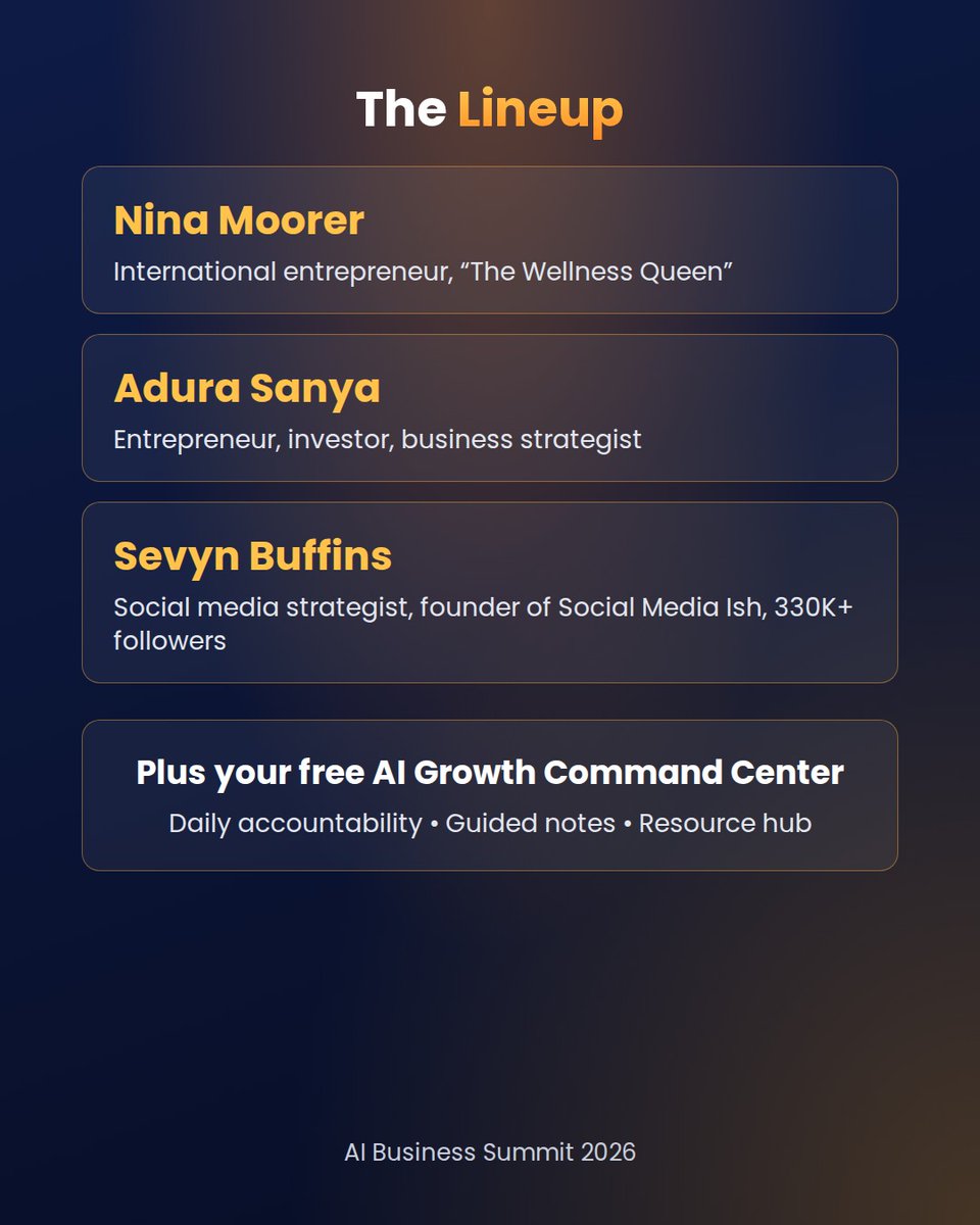 WilliamMakell's tweet photo. 7 speakers covering funding, social media, wealth, and AI. 3 days. Free. Virtual. AI Business Summit, Sept 30 to Oct 2.
https://t.co/BJX0AaDV01 (affiliate) https://t.co/3p7wHH5Cd7