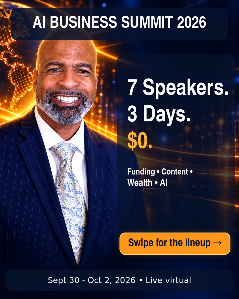WilliamMakell's tweet photo. 7 speakers covering funding, social media, wealth, and AI. 3 days. Free. Virtual. AI Business Summit, Sept 30 to Oct 2.
https://t.co/BJX0AaDV01 (affiliate) https://t.co/3p7wHH5Cd7
