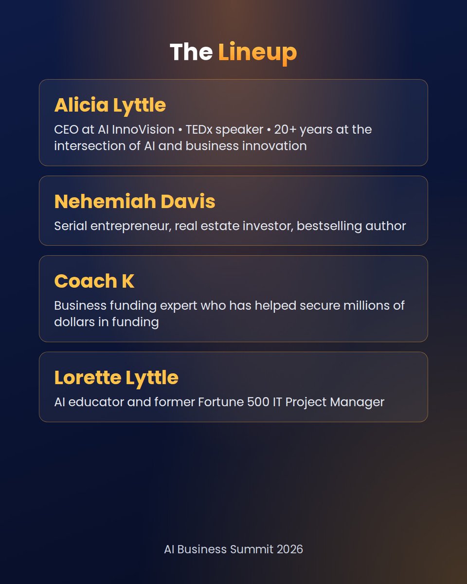 WilliamMakell's tweet photo. 7 speakers covering funding, social media, wealth, and AI. 3 days. Free. Virtual. AI Business Summit, Sept 30 to Oct 2.
https://t.co/BJX0AaDV01 (affiliate) https://t.co/3p7wHH5Cd7