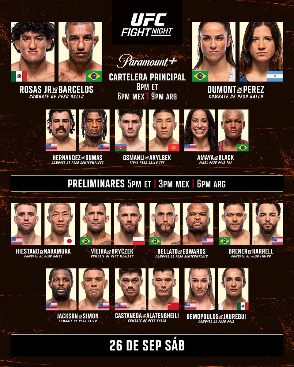 UFCEspanol's tweet photo. Cartelera de HOY, conéctate a ver a las acciones 📺

ESTELARES 8pm ET 🇺🇸 / 6pm 🇲🇽 / 9pm 🇦🇷 / 2am 🇪🇸
PRELIMINS 5pm ET 🇺🇸 / 3pm 🇲🇽 / 6pm 🇦🇷 / 11pm 🇪🇸

#UFCVegas121 | Sáb. 26 de septiembre | Por Paramount + Deportes https://t.co/8hGAtff7tg