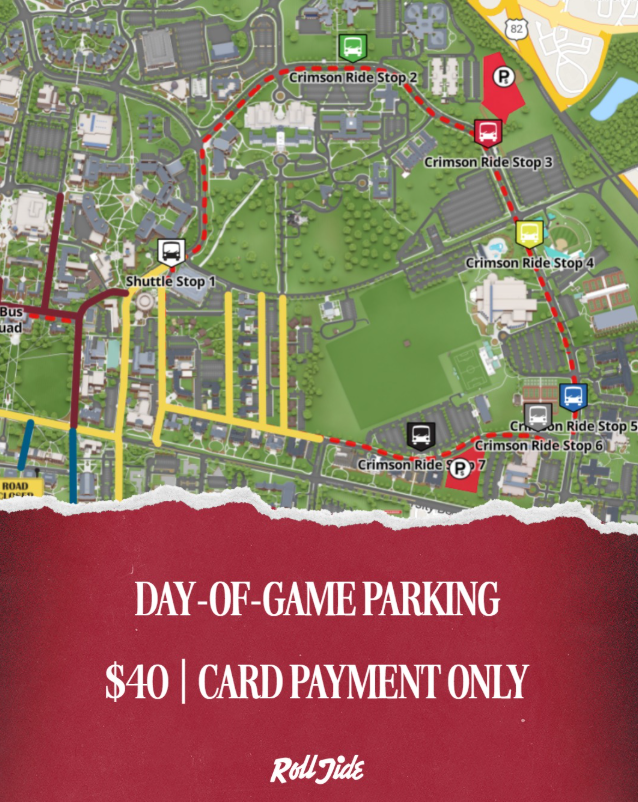 uagameday's tweet photo. 🅿️ Still looking for parking? We got you covered for just $40! Free shuttle service to and from the Quad is also included! 🚎

📍https://t.co/OMa6Ao2ozp

#RollTide #BamaGameday https://t.co/LDj93hXrIH