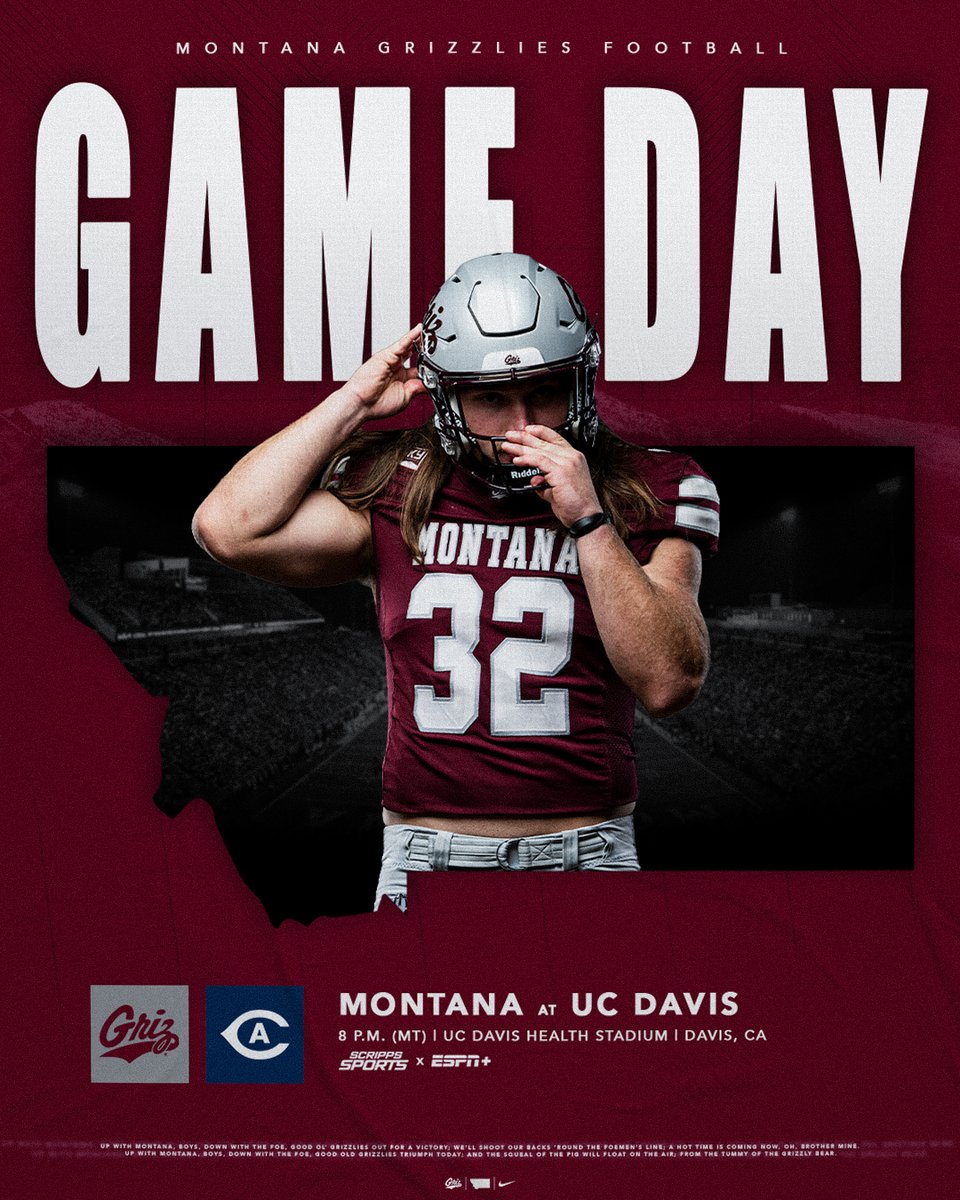 MontanaGrizFB's tweet photo. Back on the road for another conference battle after dark. 𝗜𝗧'𝗦 𝗚𝗔𝗠𝗘 𝗗𝗔𝗬!

🕗 8 p.m.
📍UC Davis
📺 Scripps
➡️ https://t.co/CB3E6dB27q
💻 https://t.co/nJblzTKZtk

#GoGriz x #TheFamilyYouChoose https://t.co/16ahdL9KCI