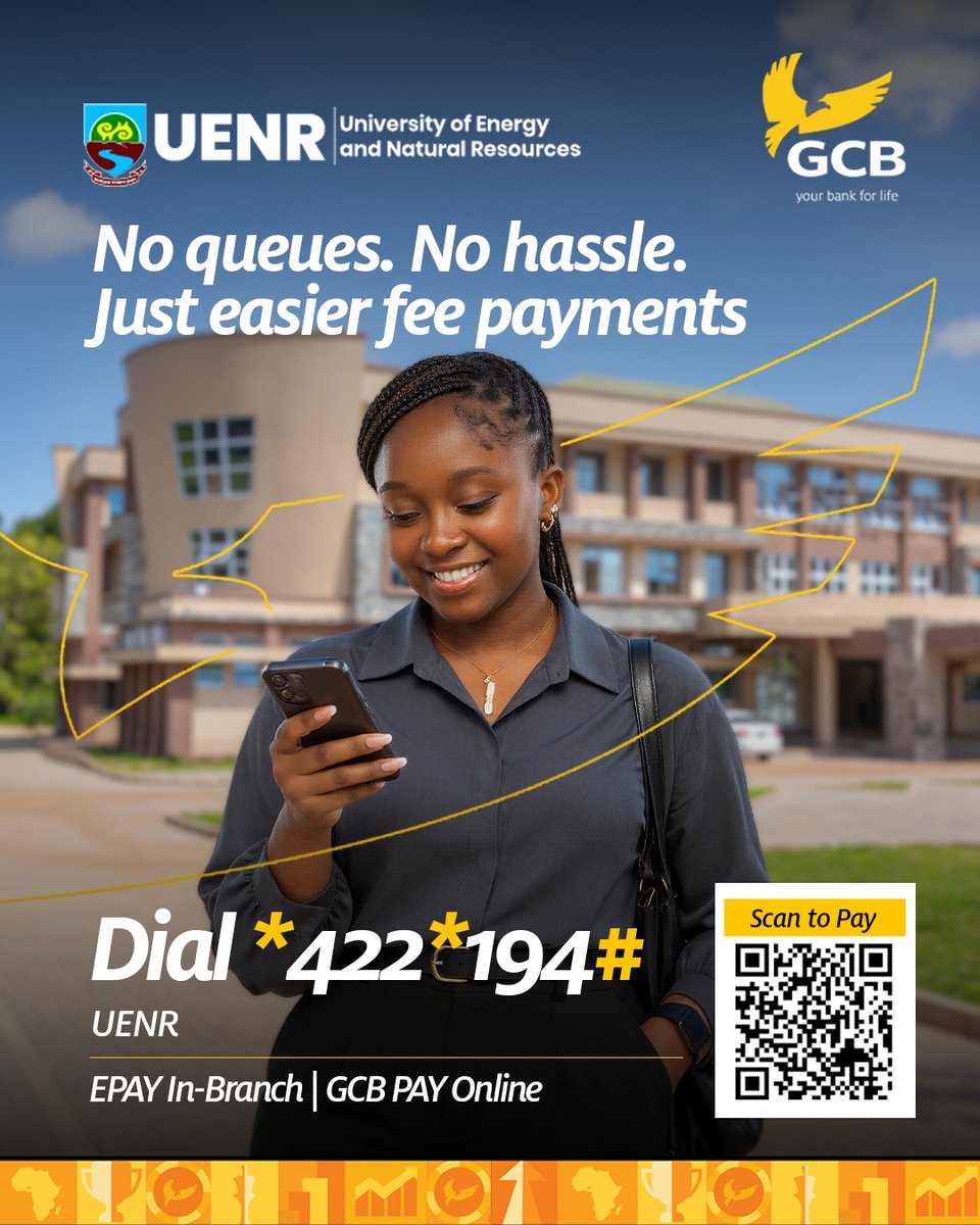 GCBBankPLC's tweet photo. No queues. No hassle. Just easier fee payments.
UENR students can dial *422*194#, pay through EPAY at any GCB branch, or use GCB PAY Online. Choose your preferred option and get it sorted.
#GCBBank #UENR #StudentPayments #GCBDigital #GCBCares #YourBank4Life https://t.co/kiTov69Vyj