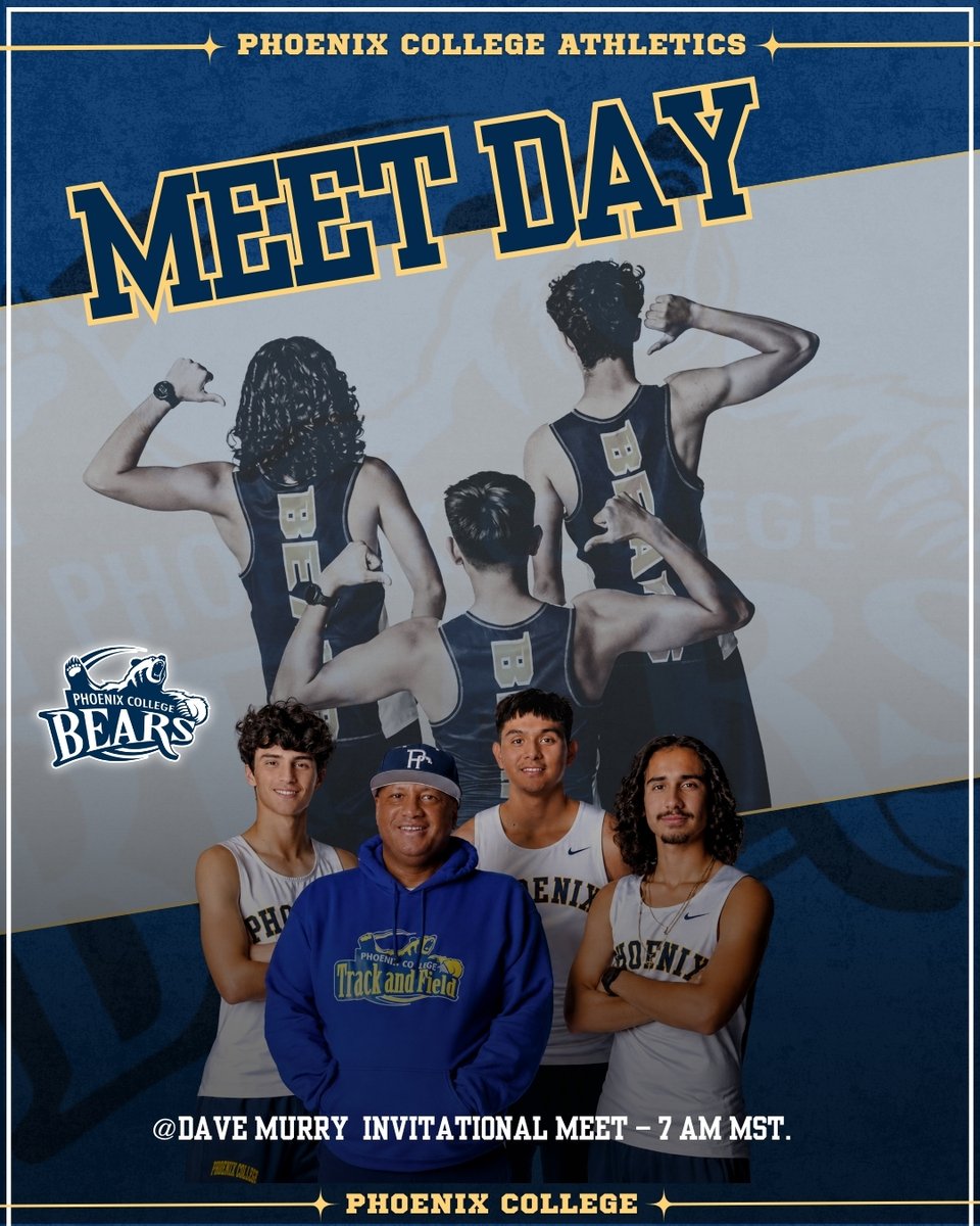 PC_Bears's tweet photo. 🏃‍♂️ MEET DAY! 🏃‍♂️

The Phoenix College Men’s Cross Country team is ready to compete at the Invitational Meet! 🔥

📅 September 26
⏰ 7:00 AM
🏃‍♂️ Men’s Cross Country
💪 Let’s get after it, Bears!

#PhoenixCollege #PCBears #MensCrossCountry #CrossCountry #MeetDay #GoBears https://t.co/30vvR3peK3