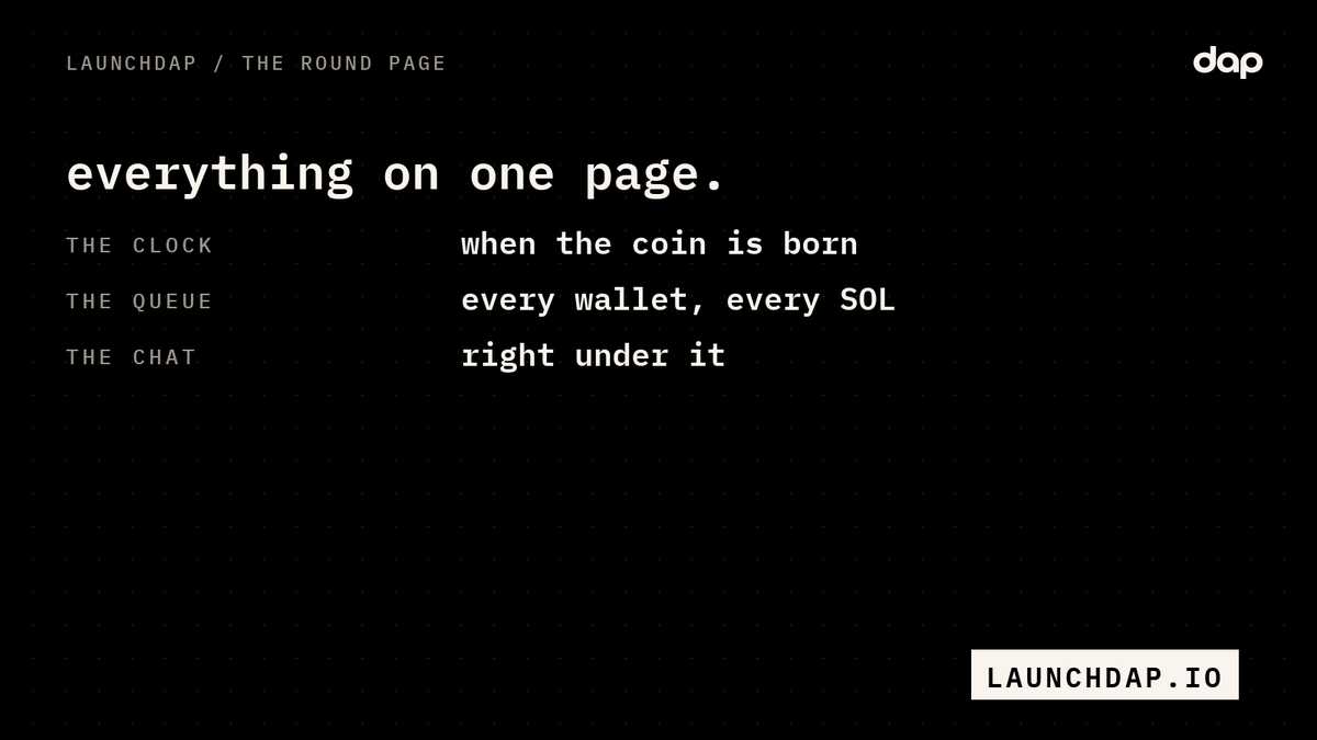 launchdap's tweet photo. every launchdap round is one page:

the clock until the coin is born, the queue with every wallet in it, and the round's own chat underneath.

nothing hidden in a group you weren't invited to.

https://t.co/95w9faqczh https://t.co/xaBgMRfSnx