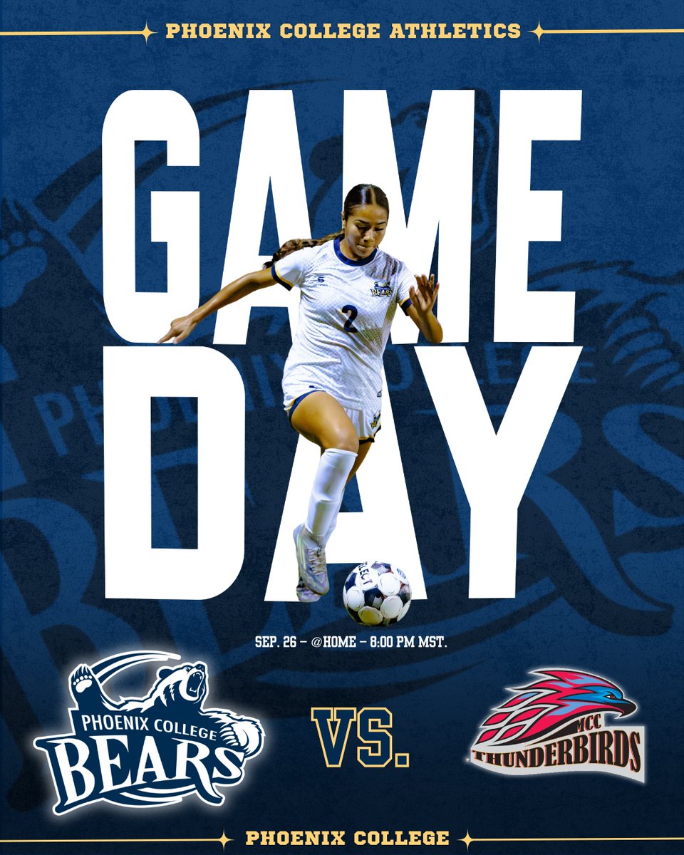 PC_Bears's tweet photo. ⚽ GAME DAY! ⚽

Phoenix College Women’s Soccer is back at home! 🔥

📅 September 26
⏰ 8:00 PM
📍 Phoenix College
🆚 Mesa CC

Come out and support the Bears! 🐻⚽

#PhoenixCollege #PCBears #WomensSoccer #Soccer #GameDay #GoBears https://t.co/nh0TvsEe4o