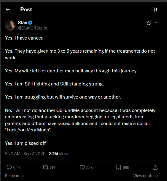 vegadevv's tweet photo. I found the perfect guy to send money to on paid

Meet Stan, a navy veteran with CANCER who was FORCED to sell his truck to cover basic needs and his WIFE left him when he was diagnosed and is struggling to survive

He is in need of paying off his treatment and to cover life expenses and his story is viral on x

https://t.co/rerqKRb14m

https://t.co/S0ST6XAmXA

If theres anyone who deserves money its him

Instead of sending random people on x money lets save Stan