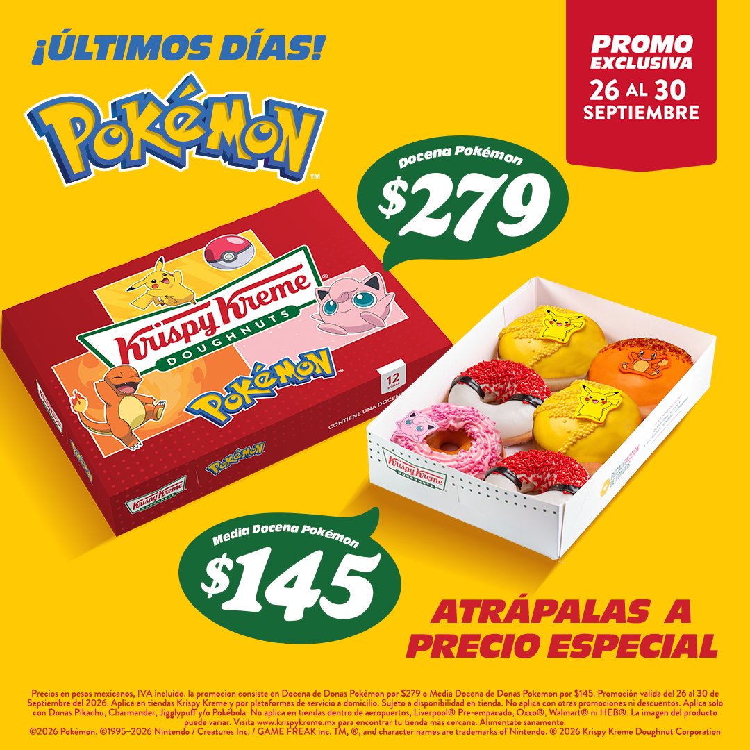 krispykrememx's tweet photo. 🔴 ¡Entrenadores listos, ÚLTIMOS DÍAS ⏰🔥 para atrapar tus donas Pokémon! 🍩 

DEL 26 AL 30 DE SEPTIEMBRE disfruta tu Docena Pokémon a $279 o Media Docena Pokémon a $145 😃 🎉 ¡Atrápalas ya a precio especial! 😁❤️

Promoción válida en todas nuestras tiendas y a domicilio por Uber Eats, nuestra app Krispy Kreme México y pidiendo por WhatsApp al 800 00 800 88 🏡🛵

*No aplica en aeropuertos ni autoservicios.