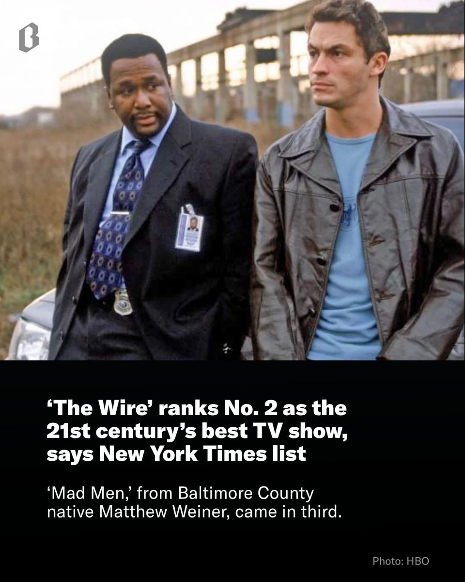 BaltimoreBanner's tweet photo. “The Wire” was named No. 2 on The New York Times’ list of the 100 best TV shows of the 21st century, based on votes from hundreds of actors, showrunners and other TV industry experts. https://t.co/AcN85vShFd https://t.co/RDvralPrdF
