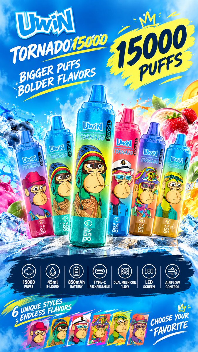VAPLYNK's tweet photo. 🔥 UWIN TORNADO 15000 — BIGGER PUFFS, BOLDER FLAVORS!

💨 15,000 Puffs
💧 45ml E-Liquid
🔋 850mAh Rechargeable
⚡ Type-C Charging
🌀 Dual Mesh Coil 1.0Ω
📱 LED Screen + Airflow Control
6 unique styles. Endless flavor choices.
📩 Wholesale orders &amp; pricing: https://t.co/eSv7tcgbEt https://t.co/CDUF3oST15