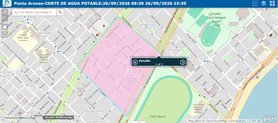 AguasMagallanes's tweet photo. #PuntaArenas, corte no programado, desde las 09:30 hrs hasta las 15:30 hrs. Sector comprendido:  Manantiales a Mapuche y de Avenida España a Tehuelche. Incluye Hornillas entre Tehuelche y Avenida Bulnes. El corte se debe a una rotura de matriz. https://t.co/PjVh3fZeSE