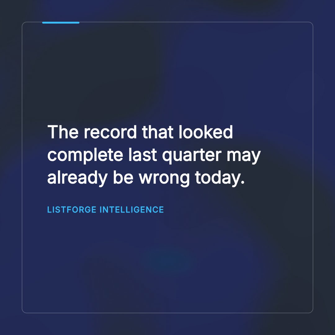 ListForgeData's tweet photo. There is a specific moment most outbound teams hit. The list is downloaded, the campaign starts, and within the first week the cracks show. Wrong title. Person left. Line rings to nothing. The record looked fine. The information just was not current anymore. Fresh business https://t.co/maPyZOCr9F