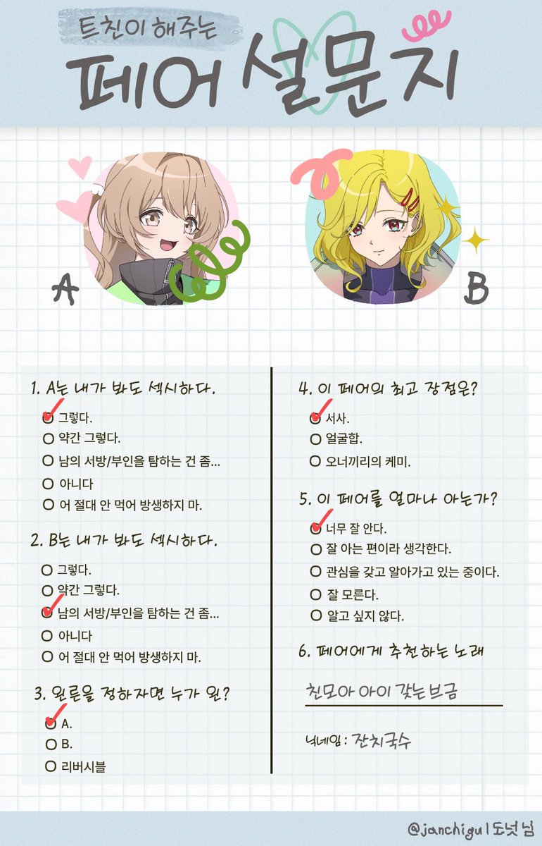 janchigu's tweet photo. #배포 #페어틀

트친한테 설문지 돌리는 페어틀입니다.
두상만 넣어서 해오라고 윽박지르면 됩니다.

https://t.co/aX8AIFxEwE https://t.co/mcuVkUNqaz