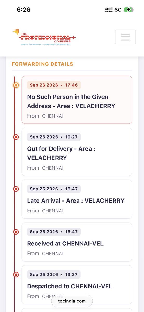 vasanthakumarkr's tweet photo. Hi @TPCGlobeCares, my consignment was not delivered by you. I am at the same address, but your executive simply denied delivery by updating NSP. This is the worst service from you. Complaint CJBX023255 registered. Please resolve it immediately. https://t.co/TGim60WzH5