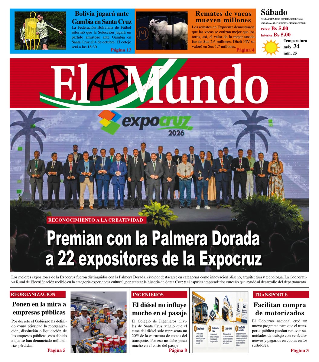 elmundo_bolivia's tweet photo. EDICIÓN 🇧🇴 DEL DÍA #SABADO 26 DE #SEPTIEMBRE DE #2026
Buenos días querido lector! 🌤 Le presentamos nuestra #Portada 📰 y #EdiciónImpresa 🗞️ del día de hoy con las #Noticias más destacadas y lo invitamos a ser el mejor informado visitando nuestra página https://t.co/Ut1PncTkNH https://t.co/0G8hsClhp6