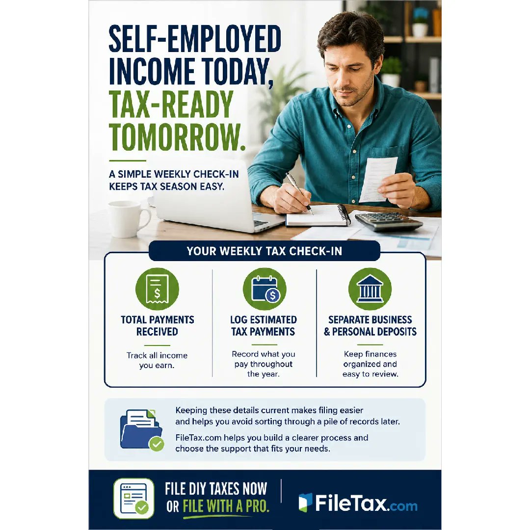 filetaxcom's tweet photo. Self-employed? Make tax time easier by staying organized year-round.

• Track payments received
• Record estimated tax payments
• Keep business and personal deposits separate

A few minutes each week can save a last-minute records scramble.

#SelfEmployedTaxes #TaxTips #TaxFiling