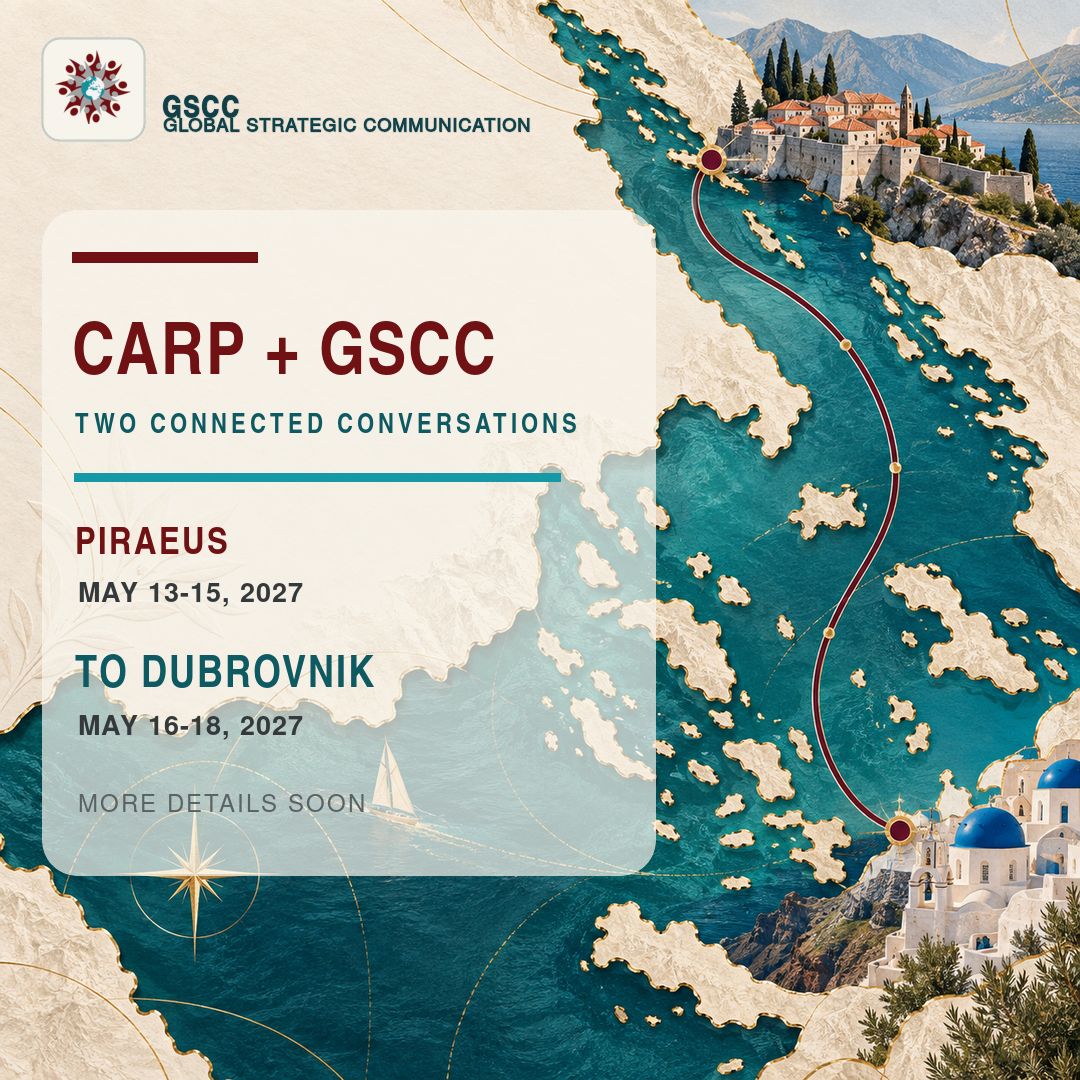 GlobalStratComm's tweet photo. Two connected conversations in May 2027: the CARP Conference in Piraeus, 13–15 May, followed by the GSCC Conclave in Dubrovnik, 16–18 May. More details soon. #GSCC #CARP https://t.co/9R06IymPrJ
