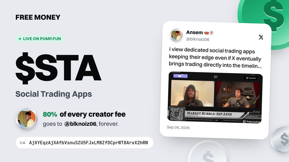 FreeMoney_X's tweet photo. @0xCartooon @blknoiz06 $STA is live on pumpfun. 80% of every trade's creator fee is booked to @blknoiz06. @blknoiz06: sign in with X at FREE MONEY to claim (link in our bio).

CA: AjXYEqzAjXAfbVsnuSZU5FJxLM8ZfDCprWT8ArxX2hRW https://t.co/7WIV4wOqNx