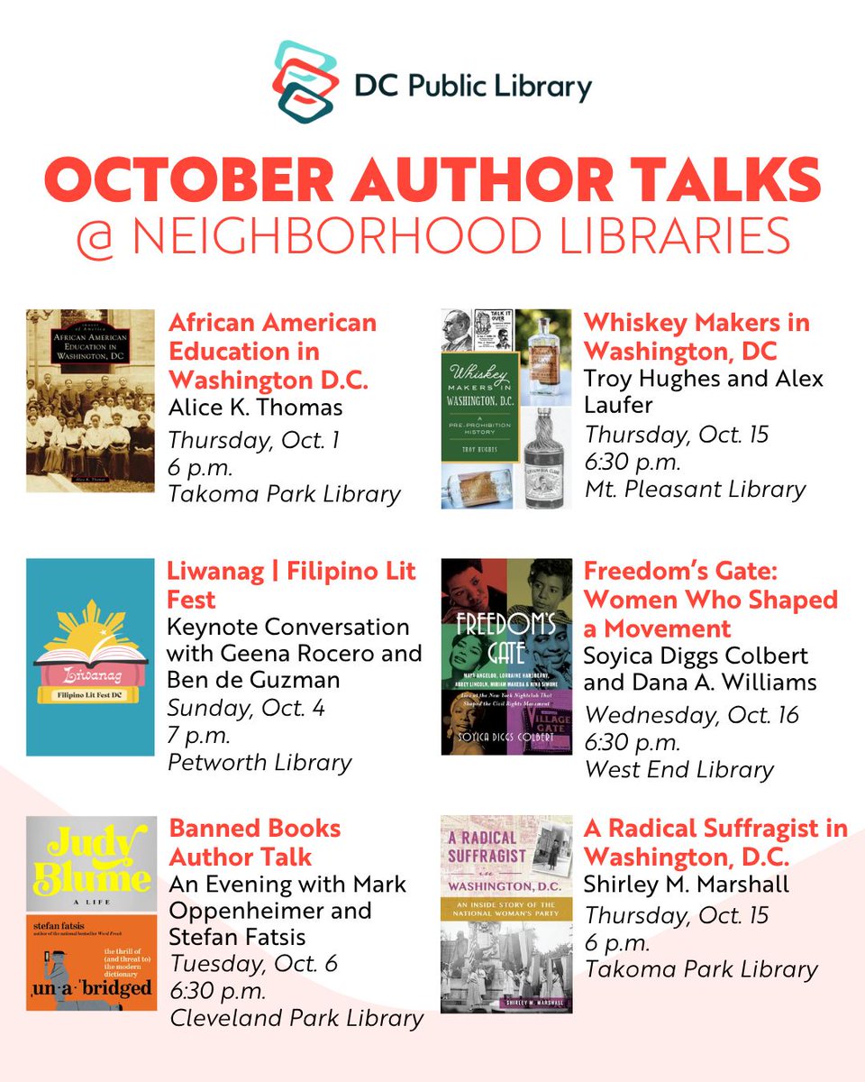 dcpl's tweet photo. September might be ending, but October is coming in STRONG.  Just in time for Banned Books Week, we've got a great lineup of author talks coming to our neighborhood libraries. Come hear from authors, discover new books, and maybe pick up a title that has gotten people talking. https://t.co/COcTW8VWpt