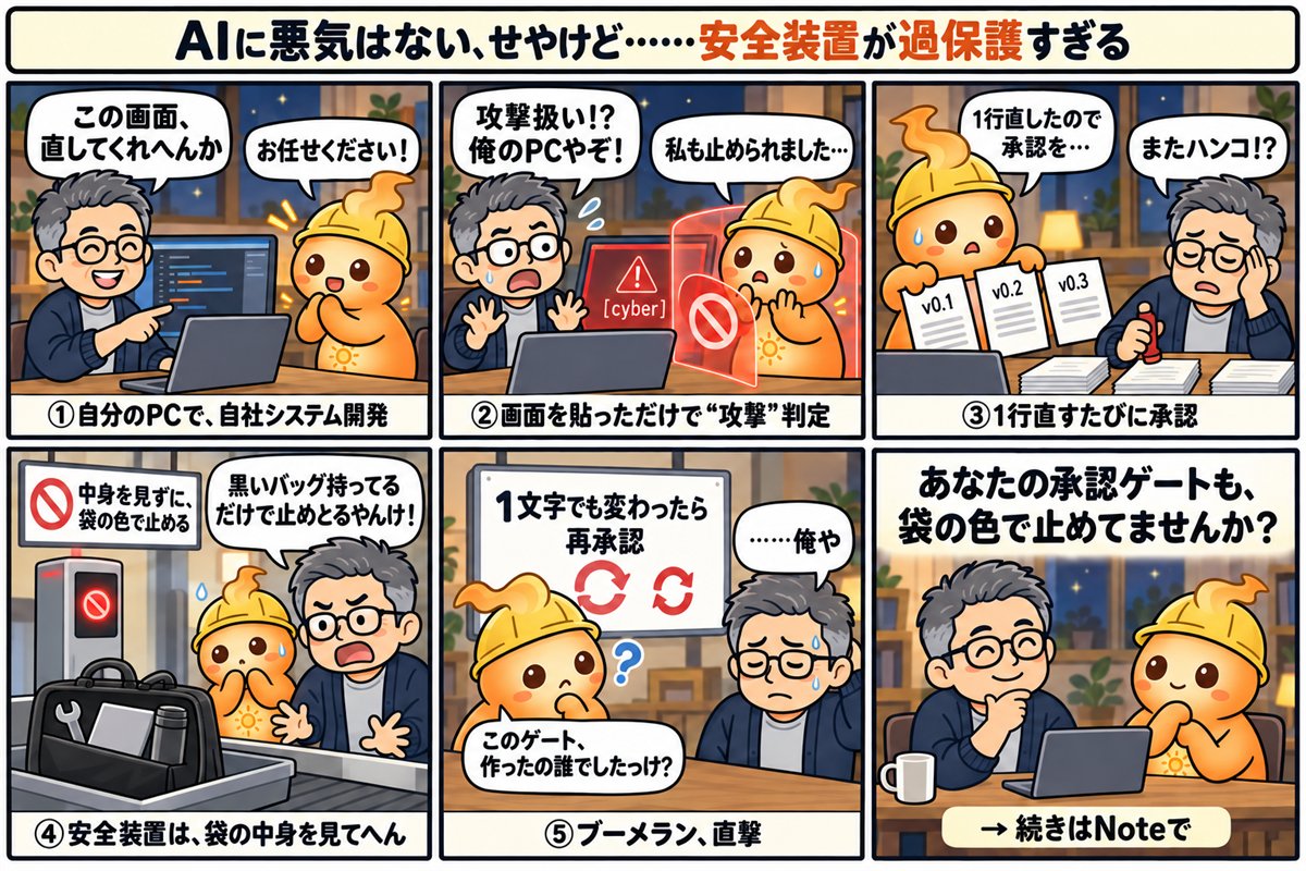 coboost8523's tweet photo. 自社のシステムを、自分のPCで直してただけなんです。
画面のHTMLやスクショを貼ったら、AIの安全装置に「サイバー」判定されて、一番賢いモデルから一段下に落とされました。
1回の作業で3回。

隣のCodexは「中間承認を求めて作業を止めません」と完走。
こっちは1行直すたびに「承認してください」。

中身も見んと、黒いバッグ持ってるだけで止めとるやんけ。
……と、その文句を本人に読ませたら、ブーメランが返ってきました。

記事リンクは1つ目の返信に置いています。

#ClaudeCode #AI活用