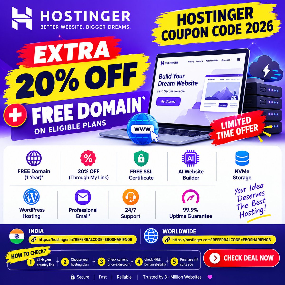 HostingCupons's tweet photo. 🚀 HOSTINGER COUPON CODE 2026 🌐

🎁 FREE Domain
💥 EXTRA 20% OFF through my link

🇮🇳 India: https://t.co/meveVSF1CJ

🌍 Worldwide: 
https://t.co/Iqe9cno9TG

#Hostinger #HostingerCouponCode #WebHosting #HostingDeals #DomainName #WordPress https://t.co/s7kWgZOybi