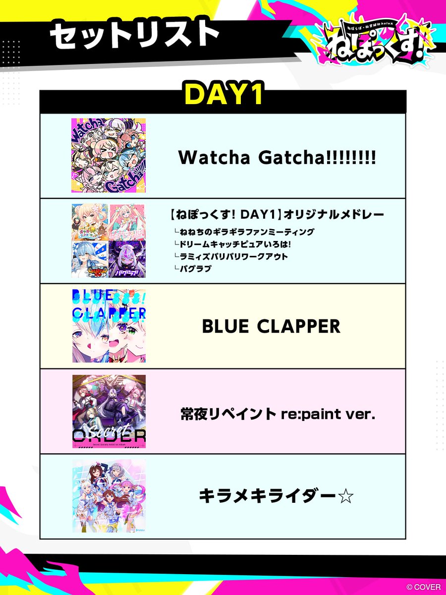 NepoX_ABEMA's tweet photo. 💛💕#ねぽっくすday1💕💛

DAY1セットリストを公開🎶

今日のライブパフォーマンスは
🔽ここからチェック👀
https://t.co/cpC6jgypTK

先ほどの投稿で一部の曲名に誤りがあり再投稿いたしました。 https://t.co/XUD8B4BArL