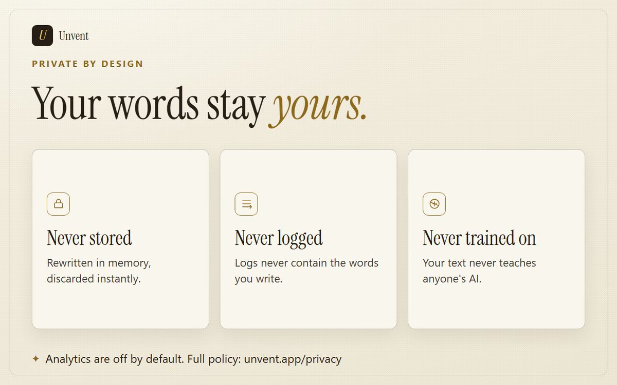buildingwithjo's tweet photo. The drafts you run through a rewrite tool are the ones you'd least want anyone reading. In Unvent a draft passes through once to get your three rewrites, then it's gone. Not stored, not logged, not trained on.

https://t.co/3RZsqg9oGQ https://t.co/w0beoRzlrR