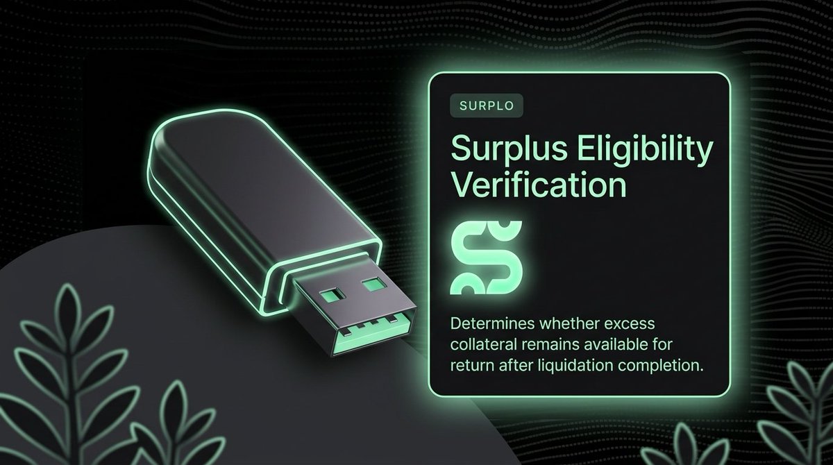 OpenSurplo's tweet photo. Not every post-liquidation balance is automatically distributable.

Surplo verifies whether excess collateral remains after liquidation completion, establishing eligibility before any remaining value is routed back to the borrower. https://t.co/7KnLzBtgCv