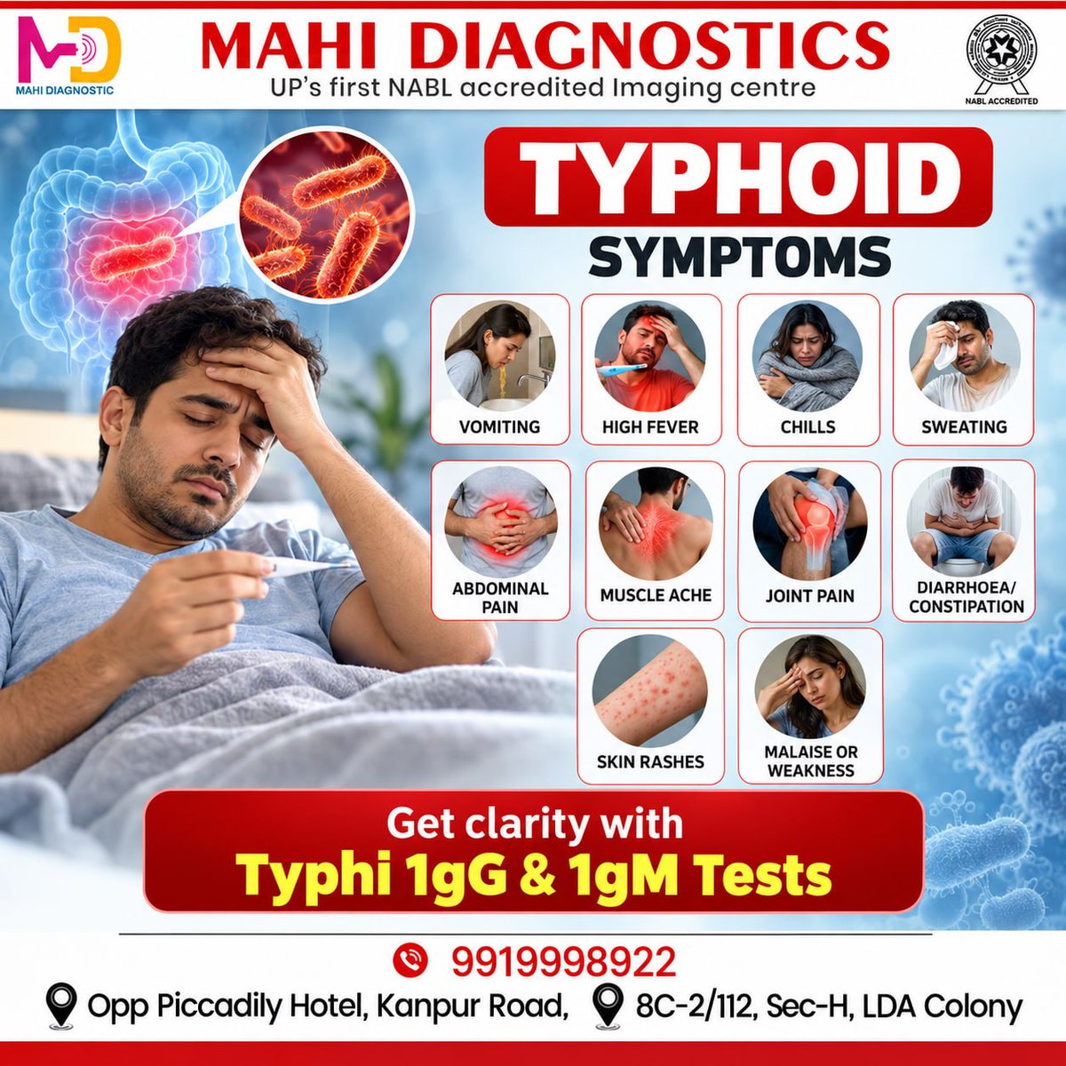 MahiDiagnostics's tweet photo. Persistent fever, weakness, or stomach discomfort? Don’t delay
Our 𝗧𝘆𝗽𝗵𝗶 𝗜𝗴𝗚 &amp; 𝗜𝗴𝗠 𝘁𝗲𝘀𝘁𝘀 provide the basis for early medical intervention
📍 Visit us for a test
 ☎️ 99199 98922 to book a test

#TyphoidTest #HealthAwareness #DiagnosticCentreAlambagh #FeverProfile https://t.co/SUpOKr7m8V