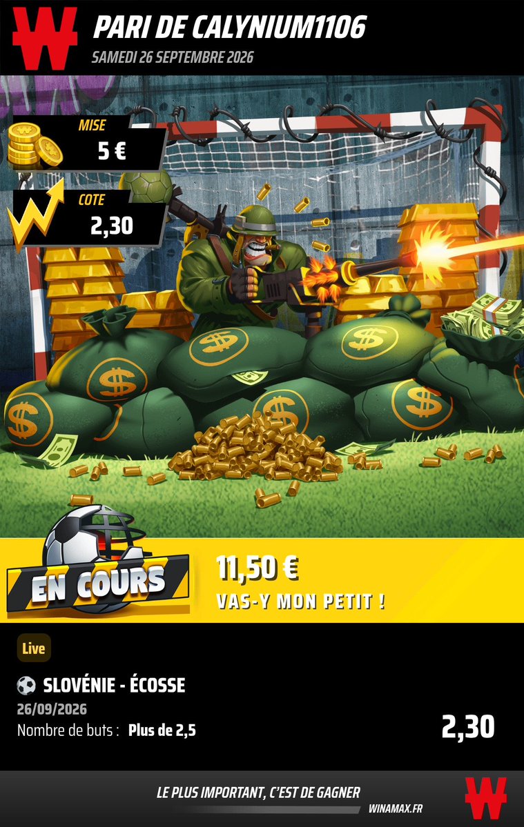 gaborieaudimi's tweet photo. Hello la #TeamCaly , 

Pari 2 du défi Winamax LDN 
+ 2.5 buts Slovénie/Écosse 

❤️♻️ Si tu suis et pour le soutien 

#Teamparieur https://t.co/mN0f0VQj3n