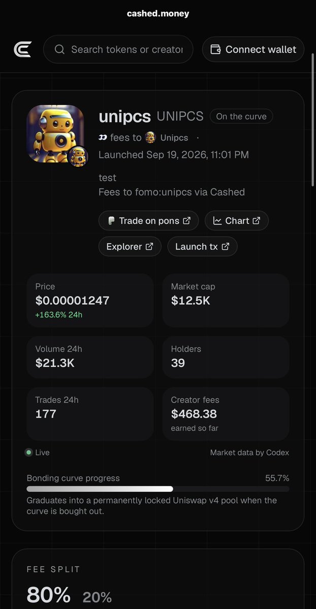 crypt_omar's tweet photo. There’s also a @theunipcs community launched token on $CASHED that is directing fees automatically to his Fomo balance. 👀 

@GetCashedMoney needs one runner on the platform and it will be talked about just as much as $PAID is. 

What do you think? @Aurelius0121 

0xdd6536545ae510f009ce0d91620ab4f09f869aaf