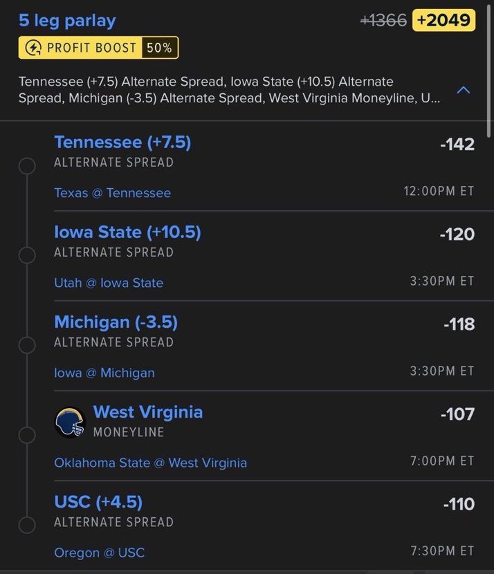 princes_Parlay's tweet photo. 🔥 5-LEG PARLAY — +2049 🔥

Locked in with a 5-leg college football ticket! 🏈💰

✅ Tennessee +7.5
✅ Iowa State +10.5
✅ Michigan -3.5
✅ West Virginia ML
✅ USC +4.5

@Playbook 

Let’s see if these five can cash! 🤑🏆 https://t.co/b3UAvsPWFY