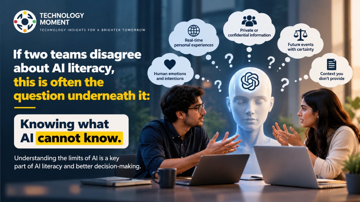 TechMomentHQ's tweet photo. AI literacy isn’t only about knowing what AI can do. It also means understanding what AI cannot know—and where human judgment, context, and verification still matter. Explore more: https://t.co/BXiLF3SYCR
#AI #AILiteracy #ArtificialIntelligence #TechnologyMoment #TechEthics https://t.co/4JkF5R5KL2