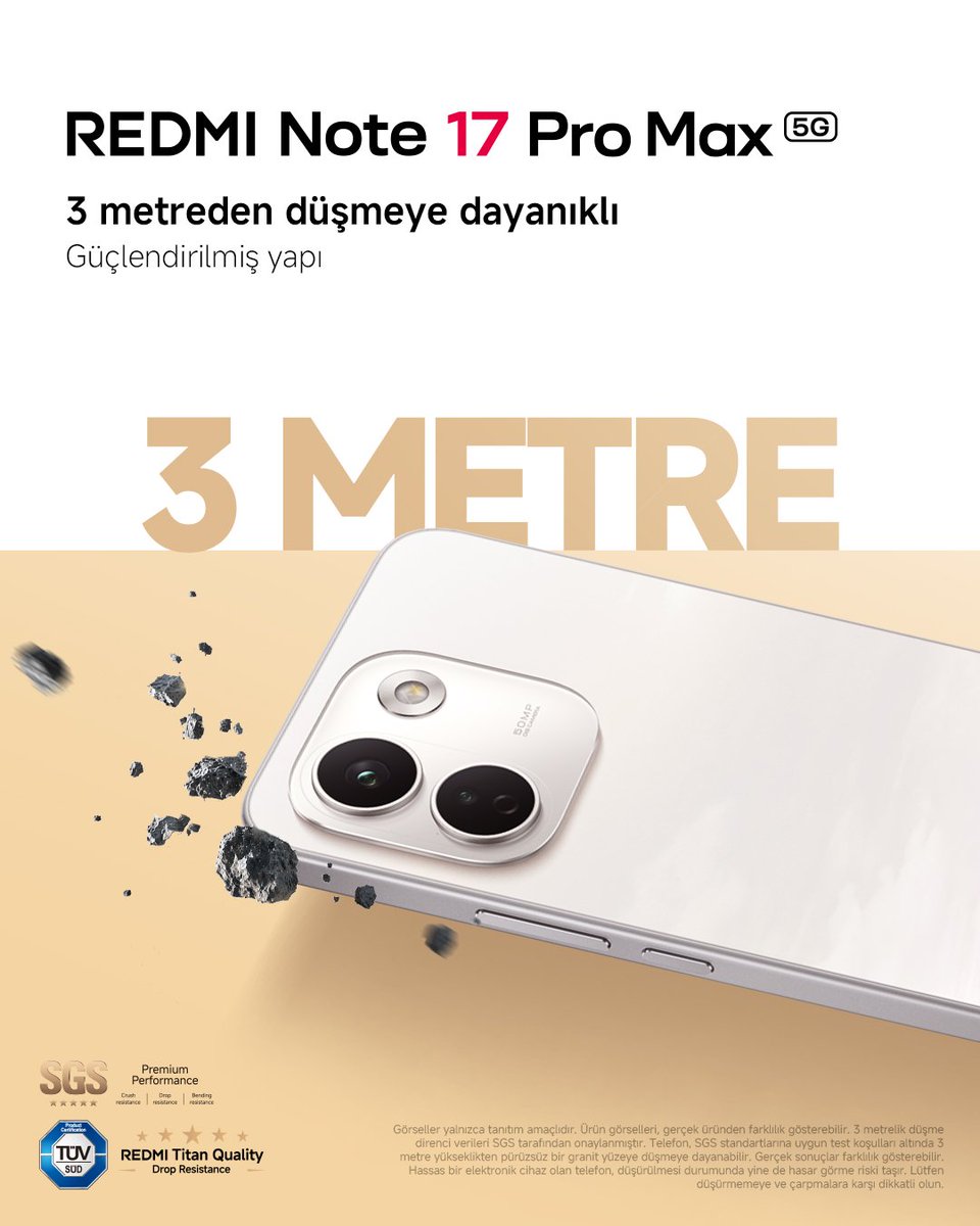 XiaomiTurkiye's tweet photo. REDMI Titan Kalitesi daha fazlasına dayanmak için geliştirildi. 💪
Titan Yapısıyla #REDMINote17ProMax5G , 3 metreye kadar düşme dayanıklılığı sertifikasıyla günlük hayatın getirdiklerine hazır.
#REDMINote17Serisi #MaxGibiMax #TitanGücüyleMaksimuma https://t.co/3rO0qVvAG5