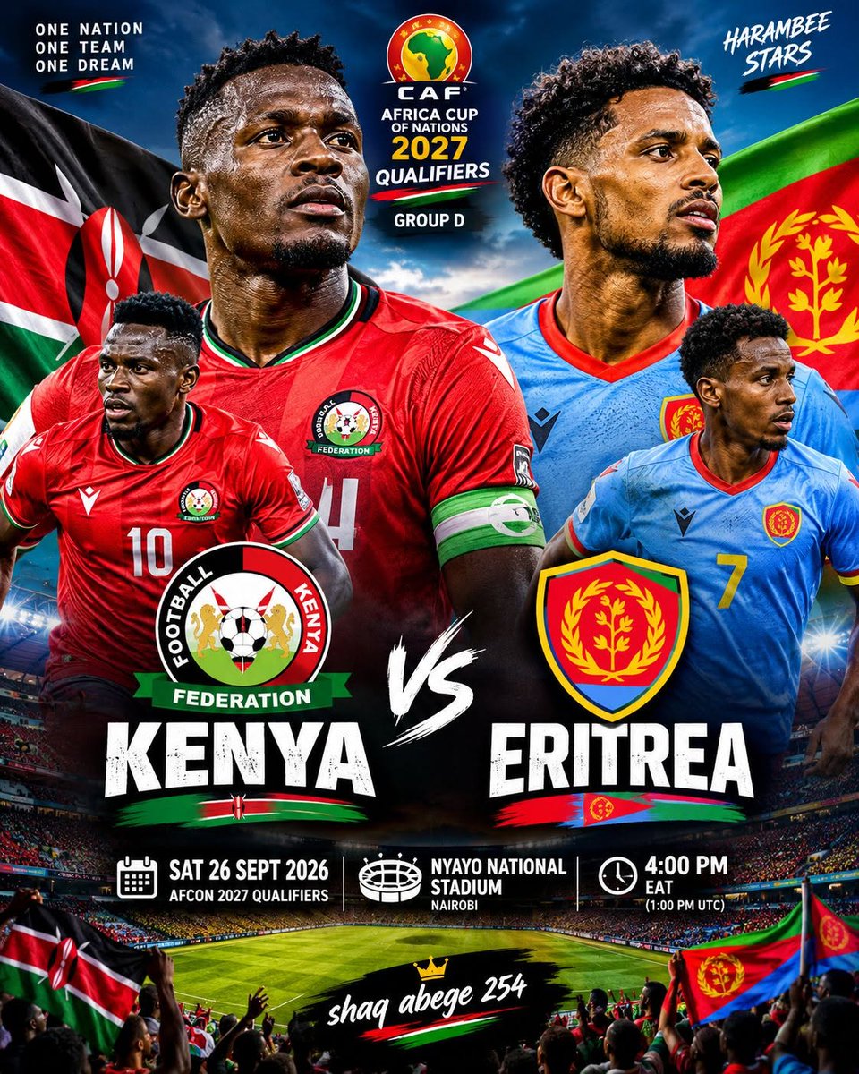 RoyNabwire's tweet photo. Come on, Kenya! ๐ฐ๐ช๐ฅ
The time to fight, believe and make the nation proud is now! Every pass, every goal and every moment on the pitch matters. Give it everything, Harambee Stars! ๐ชโฝ
#kenya #kenyafootballteam #KenyaFDG #eritria #AFCON2027 https://t.co/NehLOV3GzR