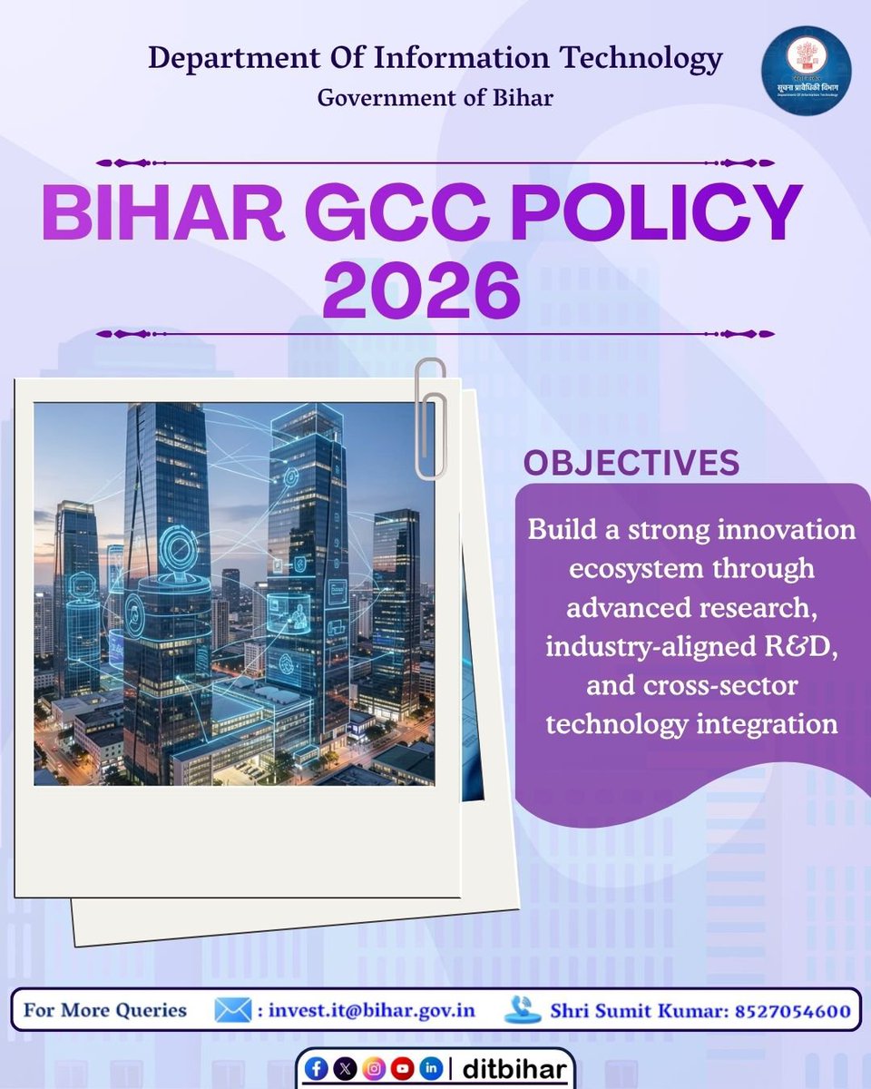 DitBihar's tweet photo. Bihar GCC Policy 2026 aims to foster a strong Global Capability Centre (GCC) ecosystem in Bihar through advanced research, industry-aligned R&D and cross-sector technology integration, creating new opportunities for innovation, collaboration and growth.

@mishranitish
@AbhaySinghIAS
@IPRDBihar
@IndustriesBihar
@BIADAbihar
@GoI_MeitY

#BiharGCCPolicy2026 #BiharGCC #GCC #Bihar #InvestInBihar