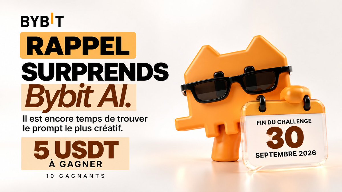 BybitAfrique's tweet photo. ⏰ RAPPEL : SURPRENDS BYBIT AI !

Vous n’avez pas encore participé ? Il est encore temps de mettre Bybit AI à l’épreuve.

Trouvez un prompt créatif, testez-le sur Bybit AI, puis partagez votre conversation sur votre profil avec #BybitAI et #BybitAfrique.

🎁 10 gagnants
💰 5 USDT par gagnant

📅 Fin du challenge : mercredi 30 septembre 2026.

N’attendez pas le dernier moment.

👉 Participez ici : https://t.co/qecLLcNysk