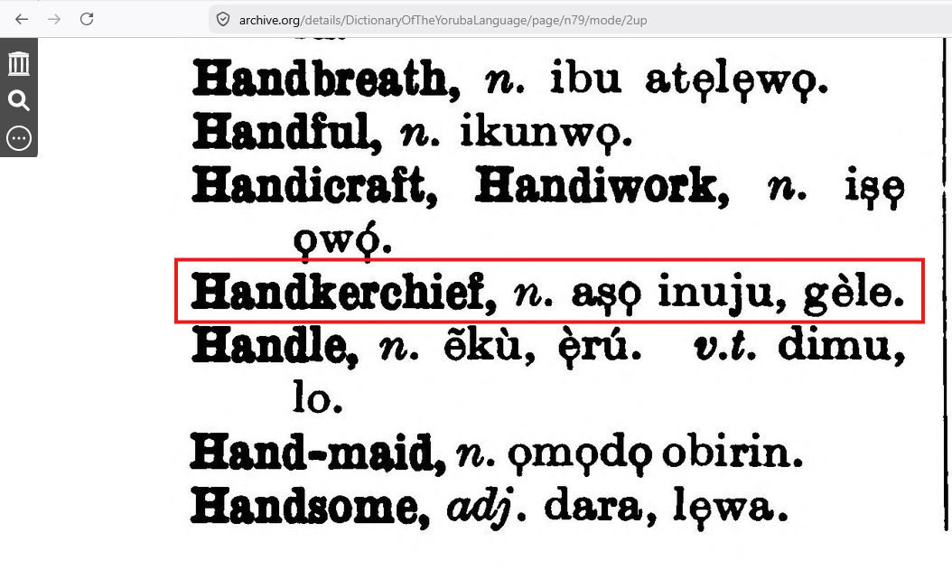 ae_olamide's tweet photo. Stop misleading people. Gèle is not the same as Gèlè.
Tonal marks in Yoruba language. 
è - low tone 
e - mid tone 
é - high tone

The dictionary entry is ‘gèle’ not ‘gèlè’ (the subject of controversy). You’re telling everyone Gèlè is recorded as handkerchief which is FALSE. https://t.co/Kj9UsWGNPj