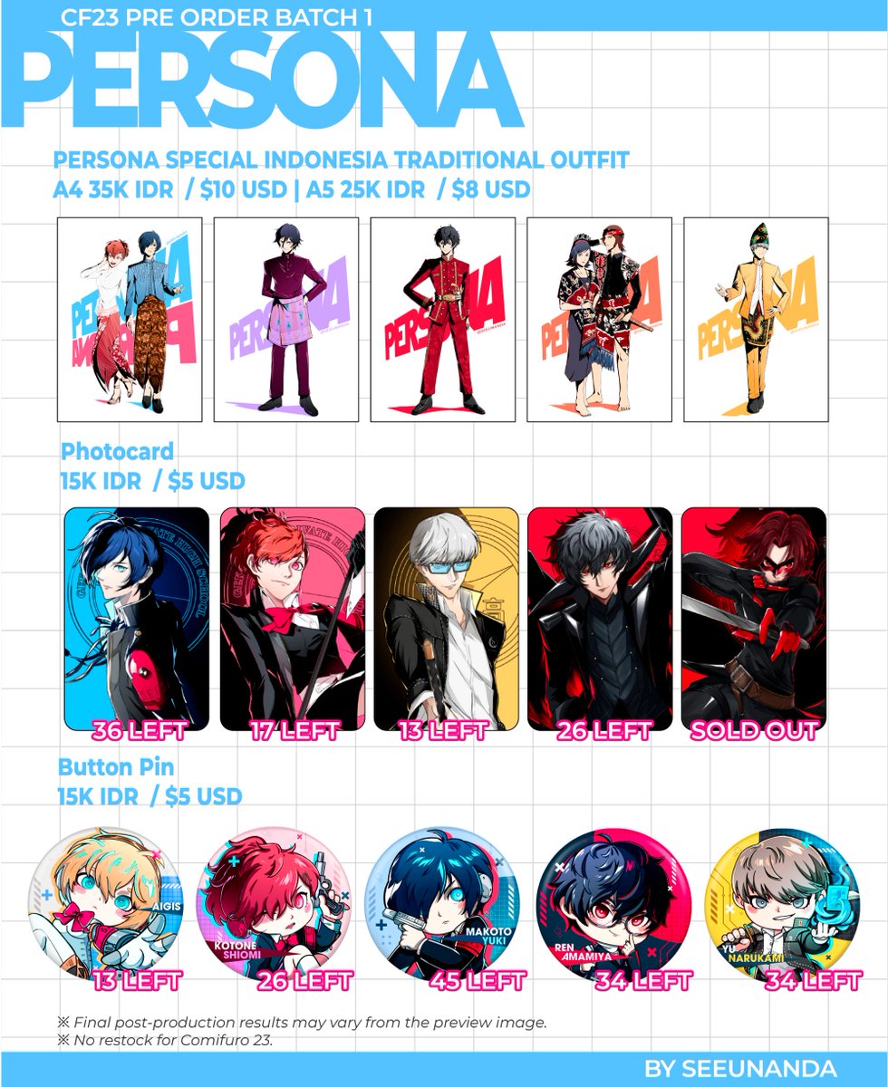 seeunandaaa's tweet photo. 🩷🔄 are very appriciated!

4 DAYS LEFT BEFORE MY #CF23 PRE ORDER BATCH 1 ENDS!

🗓️ until 30 Sep
🔥 Limited stock!
📦 Pick Up Both Days/ Mail Order
🐉 Persona 3/4/5, EVANGELION, Steel Ball Run, Danganronpa, BLEACH

Pre Order Link on Bio!

#cf23catalog #cf23catalogue #comifuro23 https://t.co/TnY3cHp5u0
