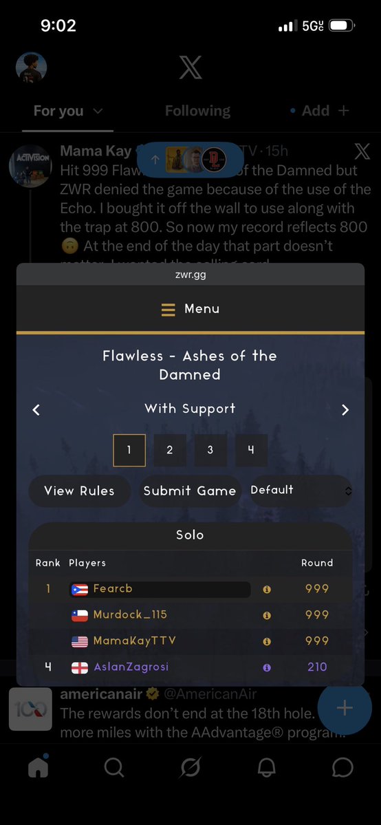 itsDkal's tweet photo. Hey ZWR, why are you removing a game that used pre patch echo on trap strat when it makes no competitive difference in the trap strat, but you've left fear's and Look Up's, 999 jail cell strat games that used pre patch double whammy the entire game? That strat was so broken that it was macro able. Thats why Treyarch patched it.

Do we pay attention when the boards are wiped? Those games shouldve been wiped ever since january if your logic is banning all games that used pre patch echo. 

Also, you guys PURPOSELY removed and then RE ADDED Look Up's 999 when he used a strategy that literally has a competitive advantage 😭 In Mamakay's screenshot, you can see Look's game isnt there. But if you check now, its on there. like wtf kind of buffoonery is this? You literally re added a game to the list that used a competitive advantage thats no longer exists...things like this are why ZWR has no credibility today.