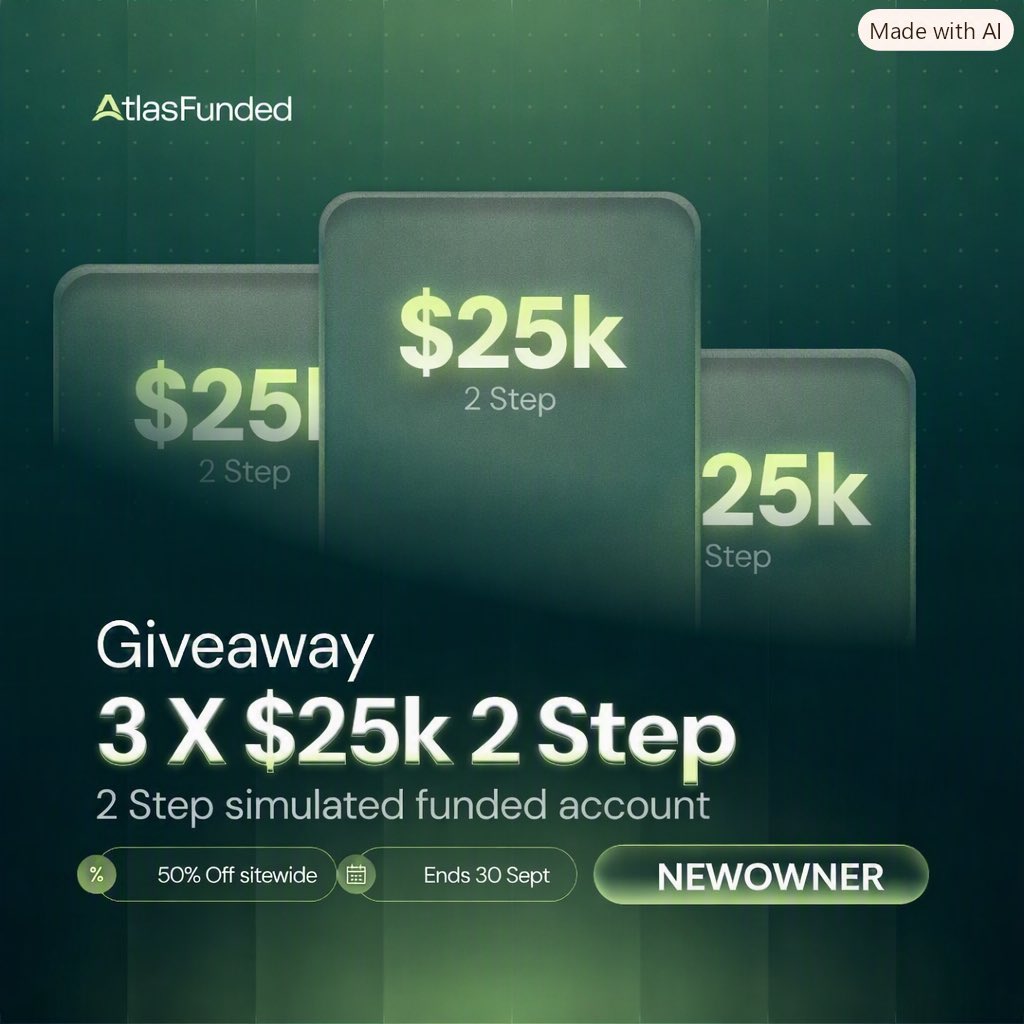 New_owner1's tweet photo. 🚨GIVEAWAY: 3 x $25K 2-Step account🚨
To enter:
→ Follow  
@LAntonioAF 
@atlasfunded 
@atlasfutures
@New_owner1 

→ Like + RT
→Engage the quoted tweet 
Winners in 7 days.
Bonus: NEWOWNER is 50% off sitewide, and I'm gifting a $50K Instant to one person who picks up an account this week with my code