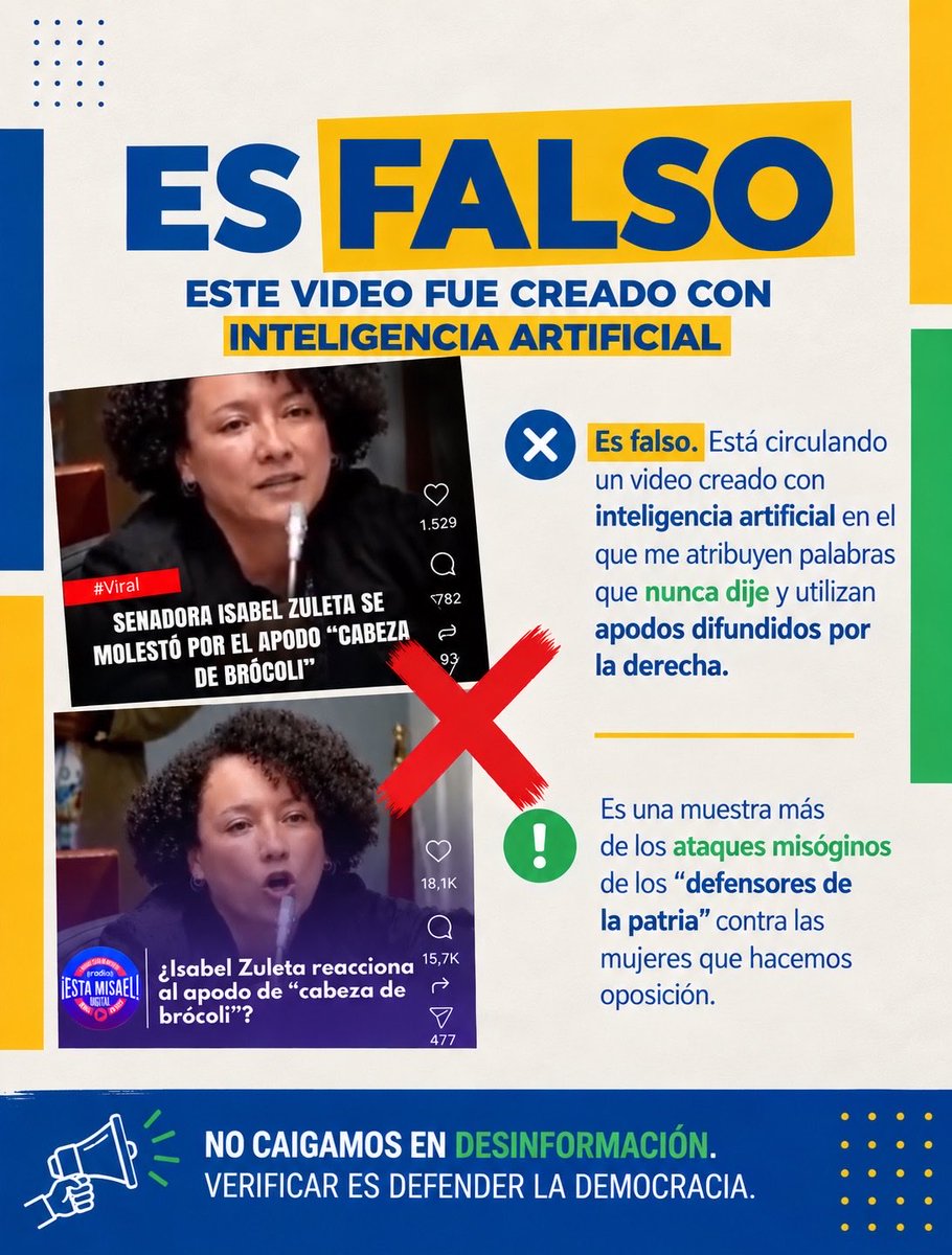 ISAZULETA's tweet photo. Un video falso creado con IA circula por redes usando mi rostro, mis voz y el escenario del @SenadoGovCo 
Esto es muy peligroso, es un ataque a la democracia evidentemente promovido desde la derecha porque ese apodo me lo impuso la derecha de este país, buscan falsear mi ejercicio de oposición con actos que nunca realicé. Denunciaré a todas las cuentas que reproducen esta falsedad en donde me atribuyen palabras que nunca dije. Solicito a la @FiscaliaCol se investigue esta suplantación de identidad.