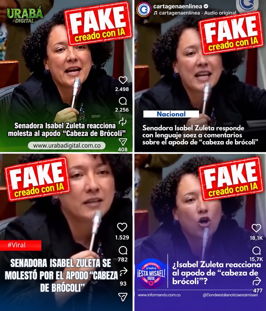 ISAZULETA's tweet photo. Un video falso creado con IA circula por redes usando mi rostro, mis voz y el escenario del @SenadoGovCo 
Esto es muy peligroso, es un ataque a la democracia evidentemente promovido desde la derecha porque ese apodo me lo impuso la derecha de este país, buscan falsear mi ejercicio de oposición con actos que nunca realicé. Denunciaré a todas las cuentas que reproducen esta falsedad en donde me atribuyen palabras que nunca dije. Solicito a la @FiscaliaCol se investigue esta suplantación de identidad.