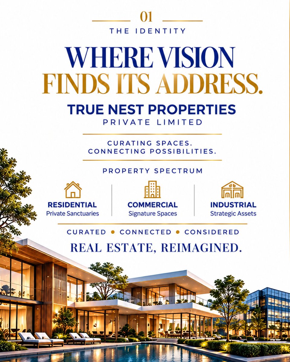 TrueNestPvtLtd's tweet photo. WHERE VISION FINDS ITS ADDRESS. ✨

True Nest Properties brings a thoughtful approach to residential, commercial, and industrial real estate, curating spaces that connect vision with meaningful possibilities. 🏡

#TrueNestProperties #RealEstateReimagined https://t.co/XGgdTahD9t