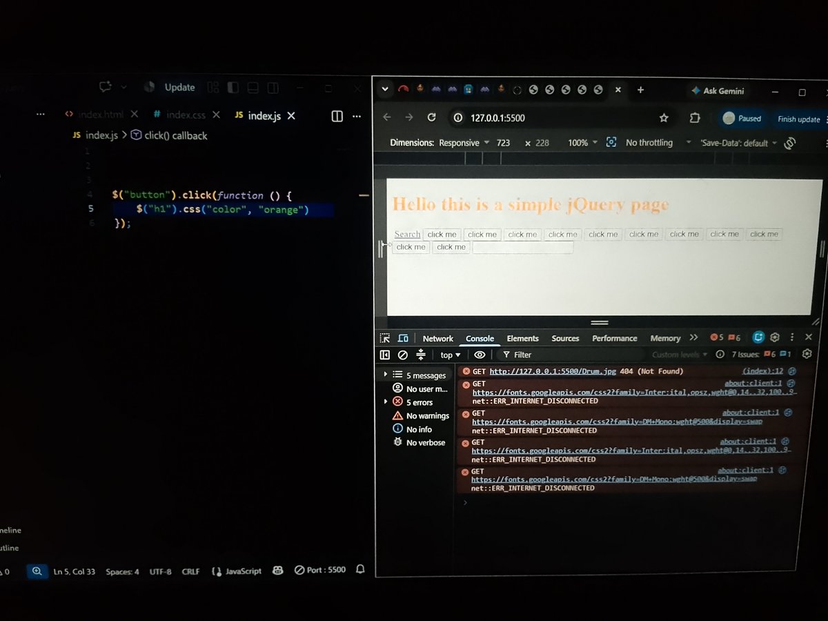 danielgideon847's tweet photo. Today I learned how to handle events with jQuery.
Practiced keypress() for keyboard events, click() for button clicks, and .text() to change content dynamically.
Slowly getting more comfortable with jQuery. 🚀
#WebDev #jQuery #JavaScript https://t.co/S1BWyM9Oli