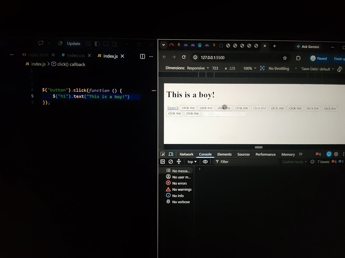 danielgideon847's tweet photo. Today I learned how to handle events with jQuery.
Practiced keypress() for keyboard events, click() for button clicks, and .text() to change content dynamically.
Slowly getting more comfortable with jQuery. 🚀
#WebDev #jQuery #JavaScript https://t.co/S1BWyM9Oli