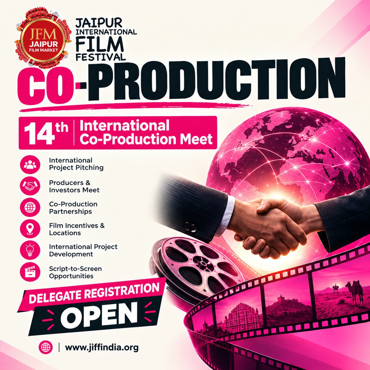 FilmJfm's tweet photo. CO-PRODUCTION MEET: WHERE FILMS FIND THEIR PARTNERS
14th International Co-Production Meet | JIFF 2027

Submit Your Screenplay:
https://t.co/NcOzHFAhRh

Delegate Registration Open
8–12 January 2027 | Jaipur, India
 https://t.co/2Ou8u1xELh

#JIFF2027 #CoProduction #FilmProducers https://t.co/uGghoICsdg