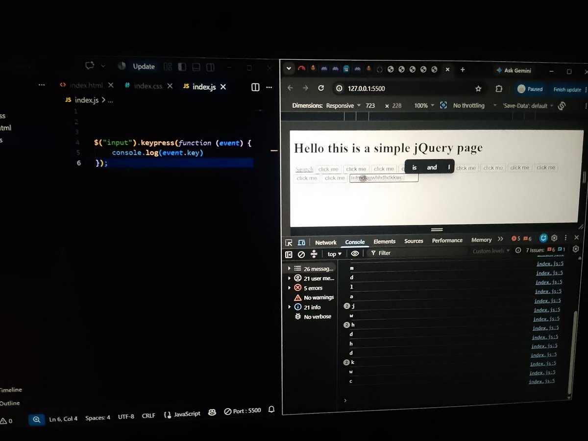 danielgideon847's tweet photo. Today I learned how to handle events with jQuery.
Practiced keypress() for keyboard events, click() for button clicks, and .text() to change content dynamically.
Slowly getting more comfortable with jQuery. 🚀
#WebDev #jQuery #JavaScript https://t.co/S1BWyM9Oli