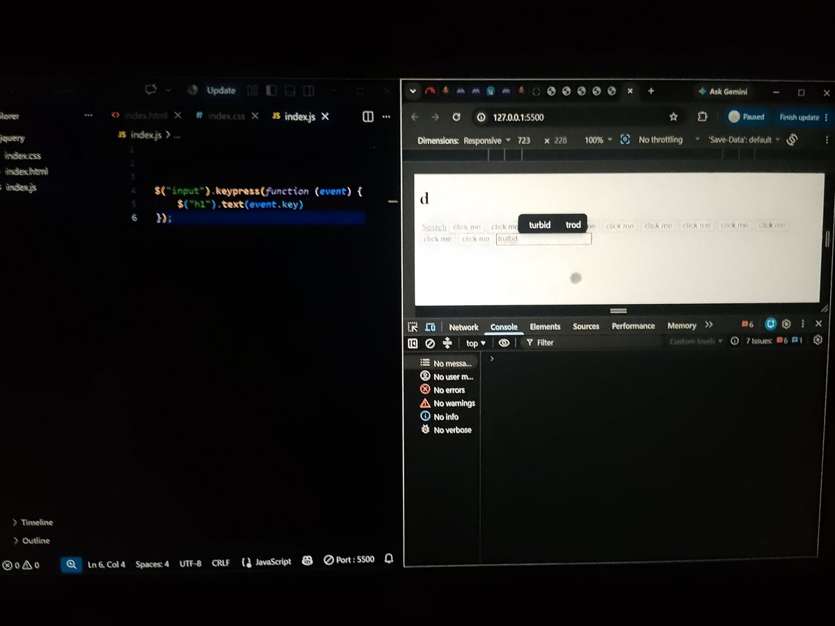 danielgideon847's tweet photo. Today I learned how to handle events with jQuery.
Practiced keypress() for keyboard events, click() for button clicks, and .text() to change content dynamically.
Slowly getting more comfortable with jQuery. 🚀
#WebDev #jQuery #JavaScript https://t.co/S1BWyM9Oli
