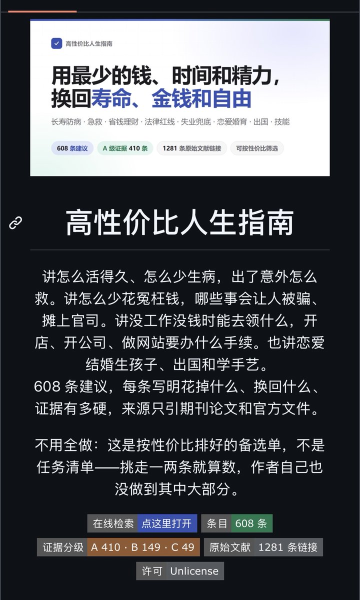 momoai_daily's tweet photo. GitHub 已经把人生、赚钱、学英语都写成了开源指南。
而且是全免费，打开就能用。

1️⃣ 怎么活得更值

🌟《高性价比人生指南》，1.7 万+ Star
把人生拆成成本、收益和证据等级：少生病、少花冤枉钱、裁员补偿、租房押金、避坑防骗，每条都写清花什么、换什么。
 https://t.co/5GVB6G3Sop

🌟《程序员延寿指南》，3.5 万+ Star
HowToLiveBetter 的直接前辈：用论文数据讲饮食、运动、睡眠、吸烟等，目标是降全因死亡率。
 https://t.co/6ZeZ31MHAv

2️⃣ 怎么把钱理清楚

🌟《最全赚钱投资指南》，4k+ Star
把普通人该补的财富知识摊开：赚钱、基金、股票、资产配置、复利，并把《富爸爸穷爸爸》《穷查理宝典》《纳瓦尔宝典》等经典整理成书单。
https://t.co/qgCCmwqZ3U

🌟《轻松学理财》，157 Star
比上一本更入门：从通胀讲到货币基金、指数基金和定投，适合工作多年存款仍空空的人先建立框架。
https://t.co/qTHcSb66bz

3️⃣ 怎么把英语真正用起来

🌟《离谱的英语学习指南》，4 万+ Star
把英语拆成认知、单词、听力、阅读、口语、写作，2026 年还加了怎么用 Gemini / ChatGPT / Claude 给自己搭学习系统。
https://t.co/nEw9sxVxSI

🌟《程序员英语学习指南》，1.6 万+ Star
给英语渣渣写的：怎么订计划、怎么啃英文文档、怎么把英语变成工作技能，读完就能排出自己的训练表。
https://t.co/GWB30AHDNs

建议直接收藏，不用全都看，看一两本就已经超过 90% 的同龄人了。